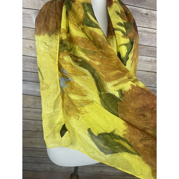 Van Gogh Museum Scarf RARE Sunflowers Yellow Green Boho Lightweight Rectangle - Picture 3 of 10